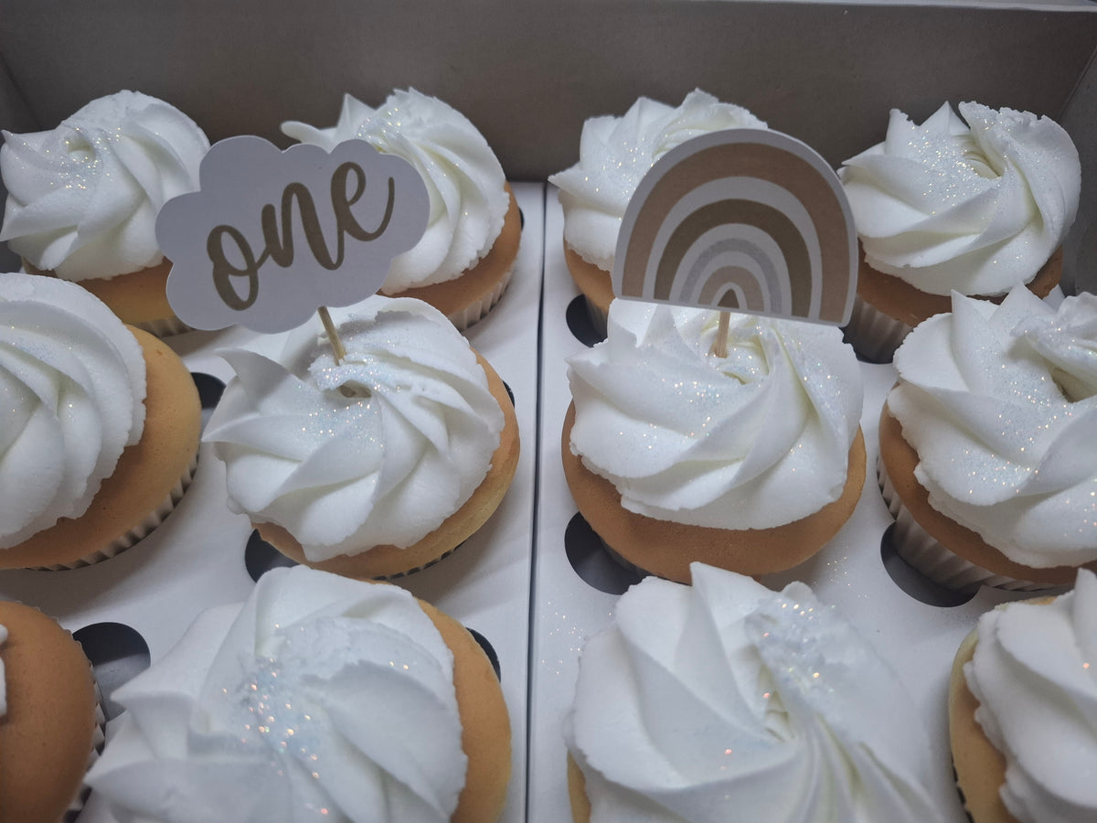 Neutral Rainbow First Birthday Cupcakes