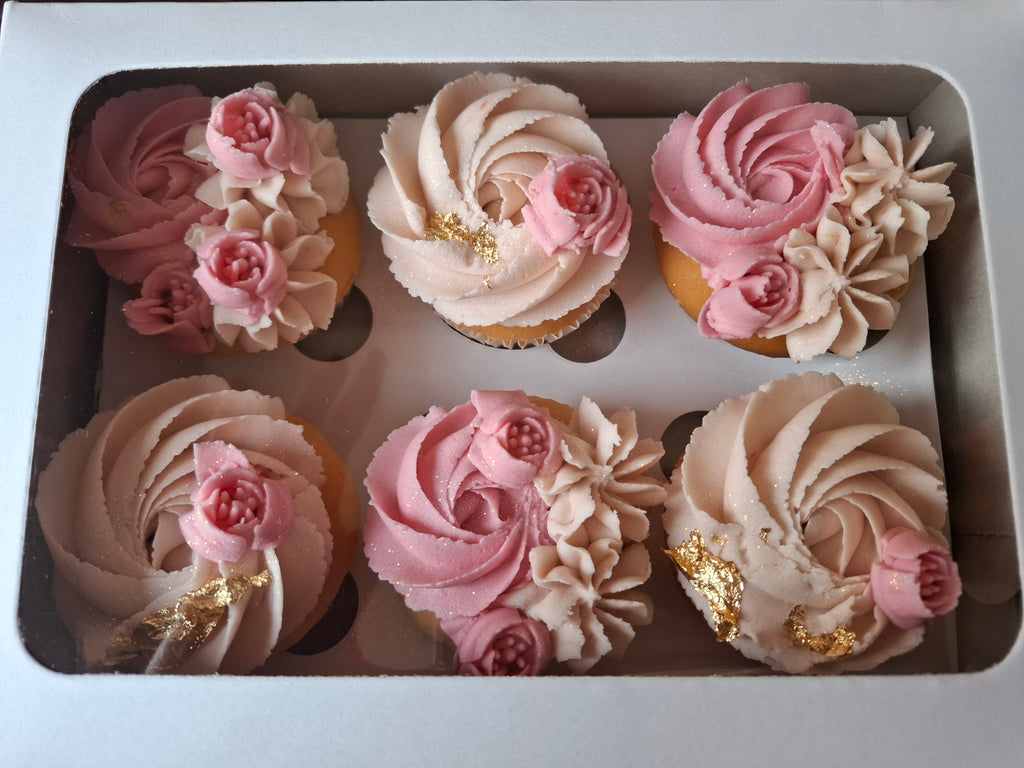 Blush Rose & Gold Floral Cupcakes - Box of 6