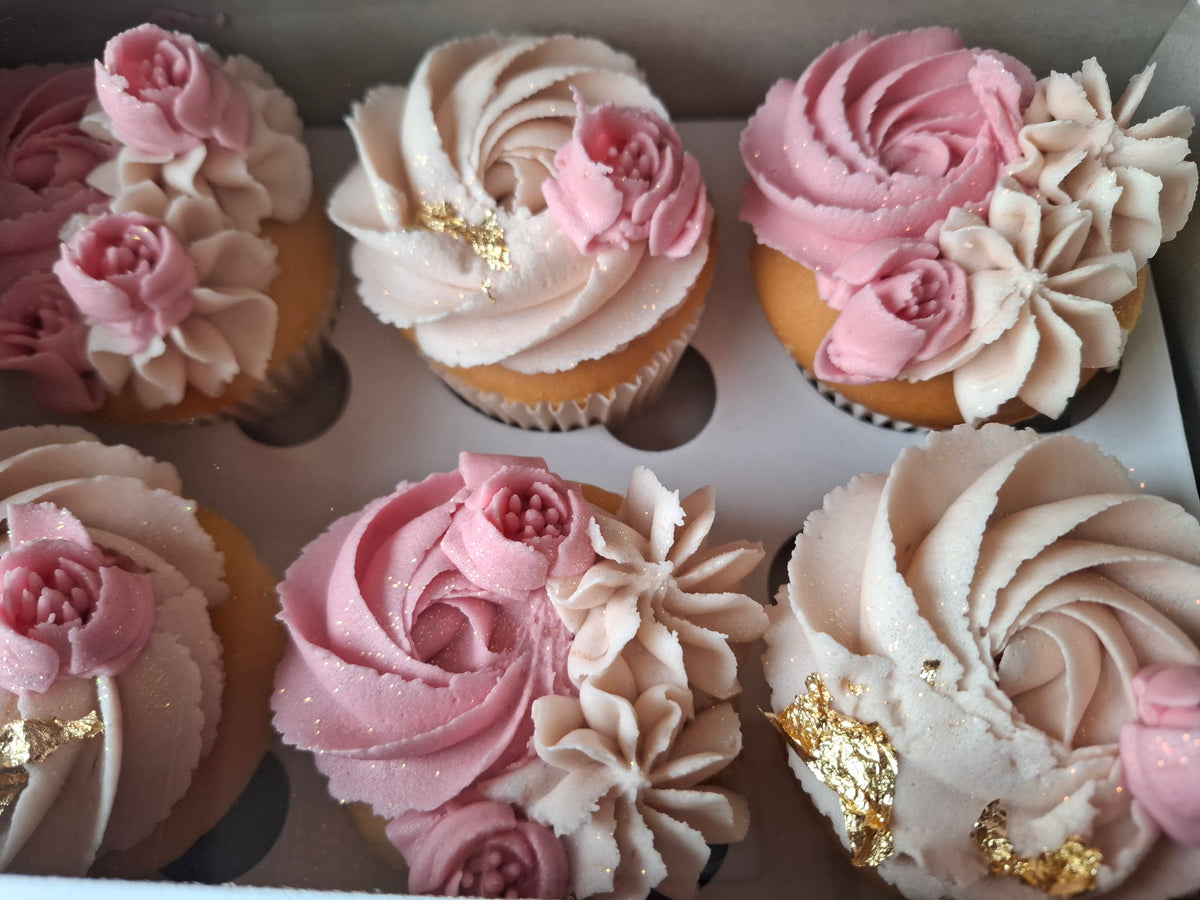 Blush Rose & Gold Floral Cupcakes - Box of 6