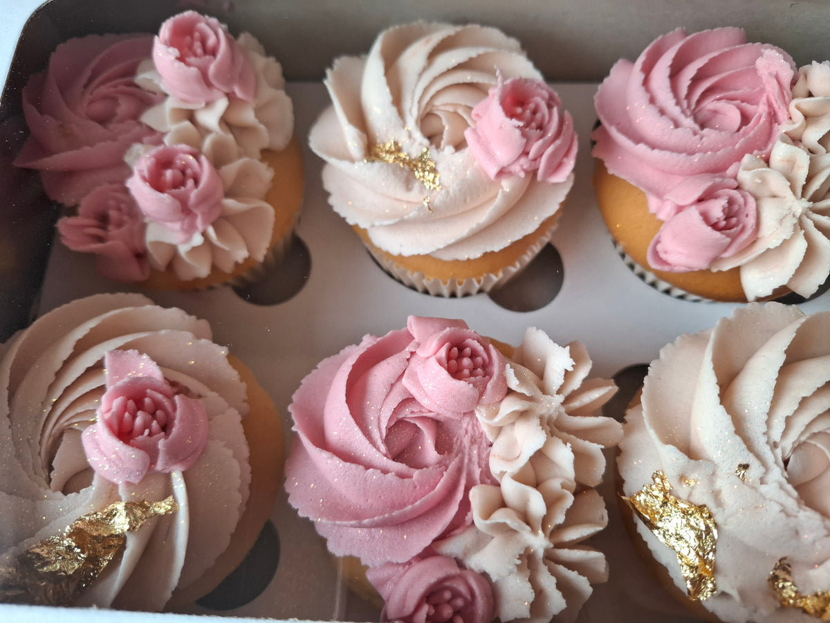 Blush Rose & Gold Floral Cupcakes - Box of 6