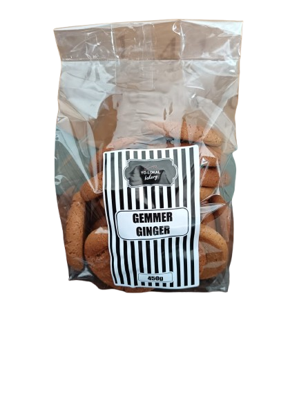 Yo-Lokal Bakery Gemmer Ginger Biscuits 450g in clear packaging with black and white striped label